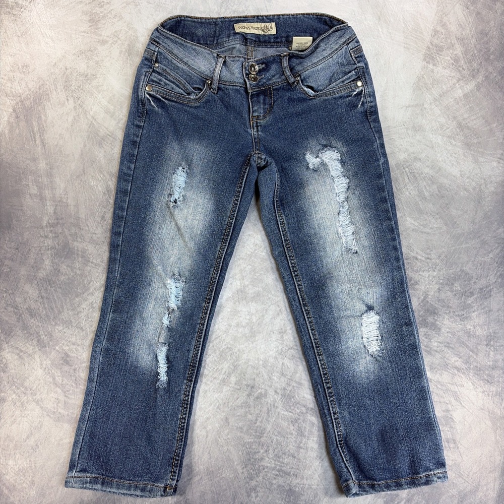 Y2K Paris Blues Jeans Womens 1 Blue Distressed Ripped Low Rise Capri Denim